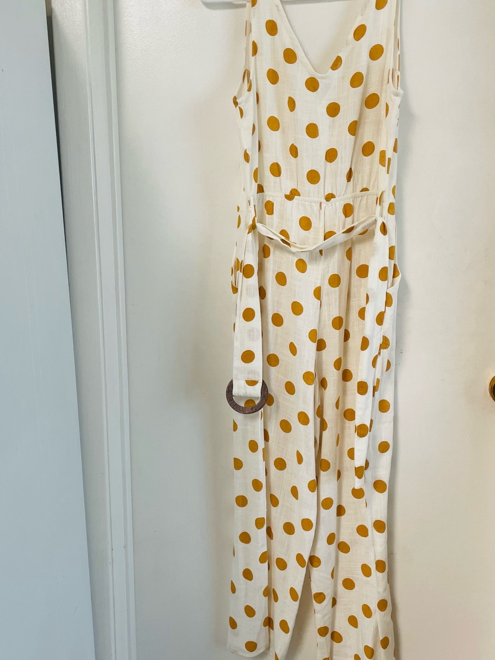 Monteau Cream Jumpsuit with Mustard Polka Dot Print and Belt - Picture 3 of 10